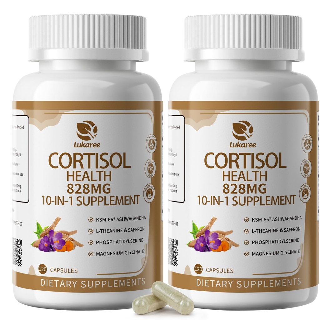 10-IN-1 Cortisol Ergänzungen mit Magnesium, Ashwagandha, Kamille, L-Theanin, Phosphatidylserin, Johanniskraut, Astragalus, Vitamin C & D3, für Frauen, 240 Vegan Kapseln für 4 Monate, Non-GMO