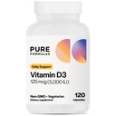 PureFormulas Vitamin D3 5.000 IU 125 mcg - reine Vitamin D Ergänzung für gesunde Knochenbildung, Zähne, Herz-Kreislauf-Gesundheit und Immununterstützung Non-GMO - 120 Count Vegetarische Kapseln