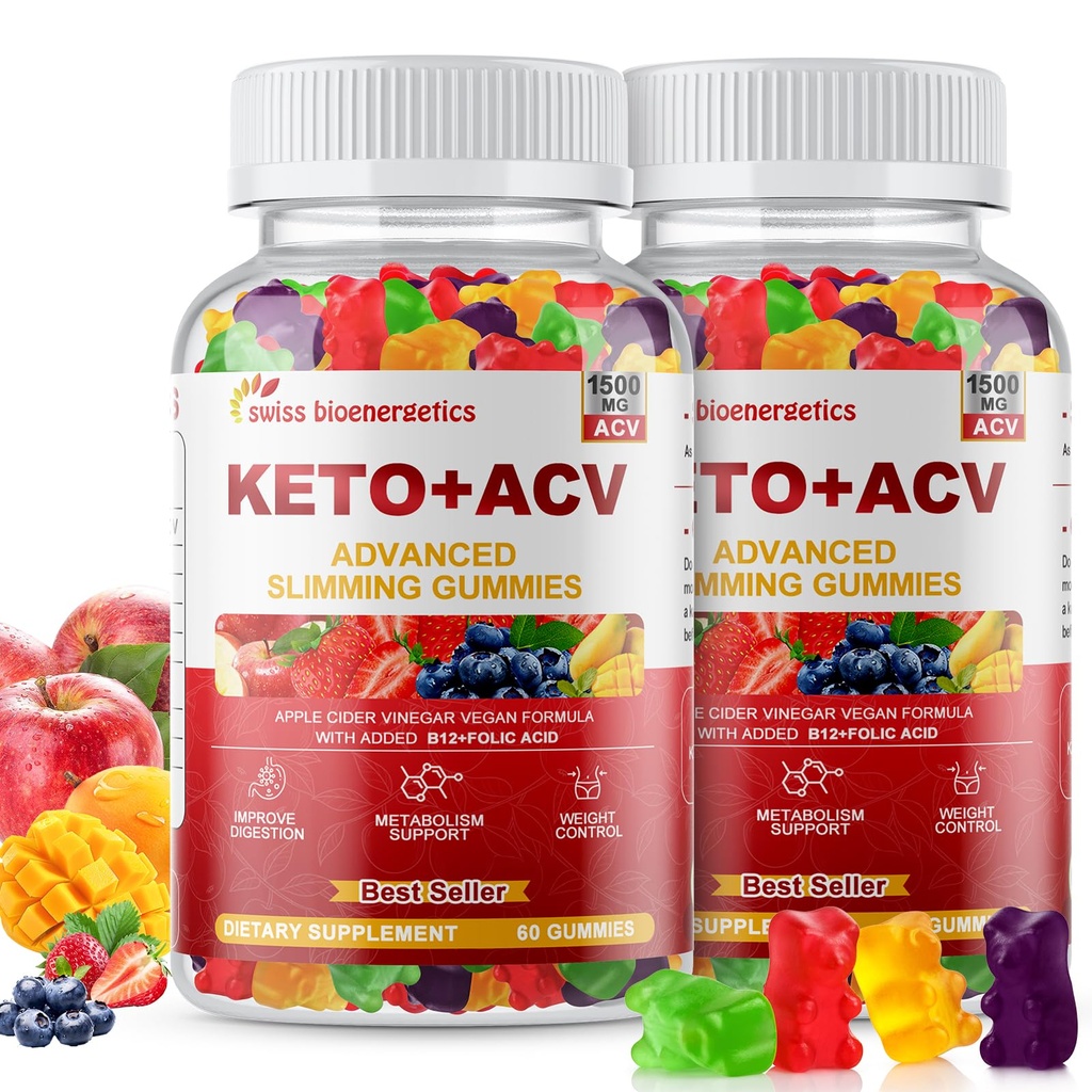 (2 Pack) Keto Apple Cider Essiggummis, Keto ACV Gummy Diet Supplement, Advanced 1500mg ACV Gummies mit Folate, B12、B6 und Keto Unterstützung für Frauen Männer, Gelatin- Free, Vegan & Non-GMO (Multi-Flavor)