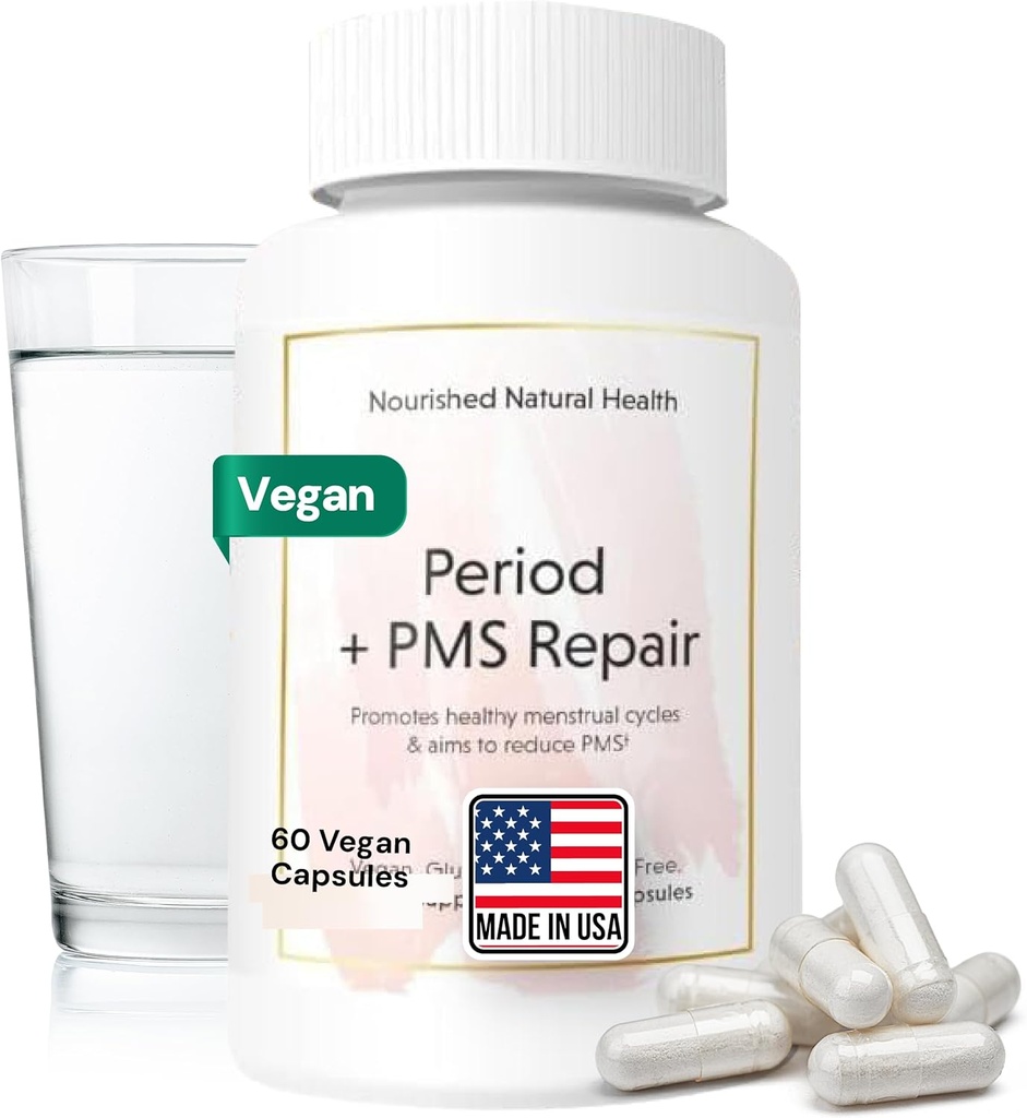 Période nourrifiée + PMS réparation - Supplément de soutien du cycle menstruel pour les femmes - Formule végétalienne pour cycles mensuels, crampage, humeur, maux de tête - 60 capsules