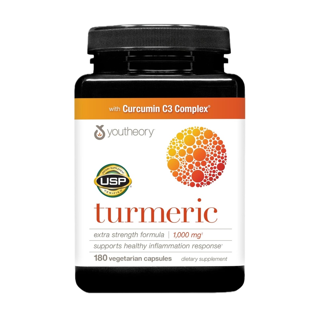 Youtheory Turmeric Extra Strength - 1000 mg Turmeric Supplement - mit 10 mg Black Pepper - Curcumin Joint Support* - Soy, Dairy & Gluten Free - 180 vegetarische Kapseln