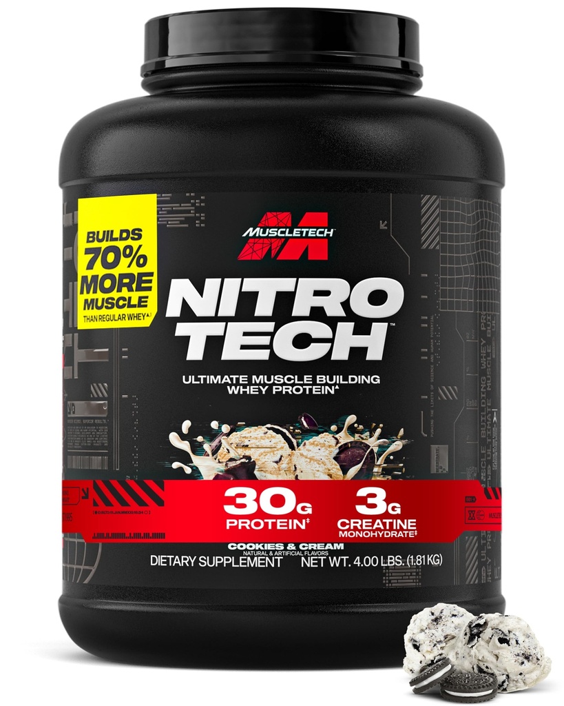Muscletech Whey Protein Powder (Cookies & Cream, 4 Pfund) - Nitro-Tech Ultimate Muscle Building Formula mit Whey Protein Isolate - 30g Protein, 3g Creatine & 6.8g BCAA - Packaging May Vary