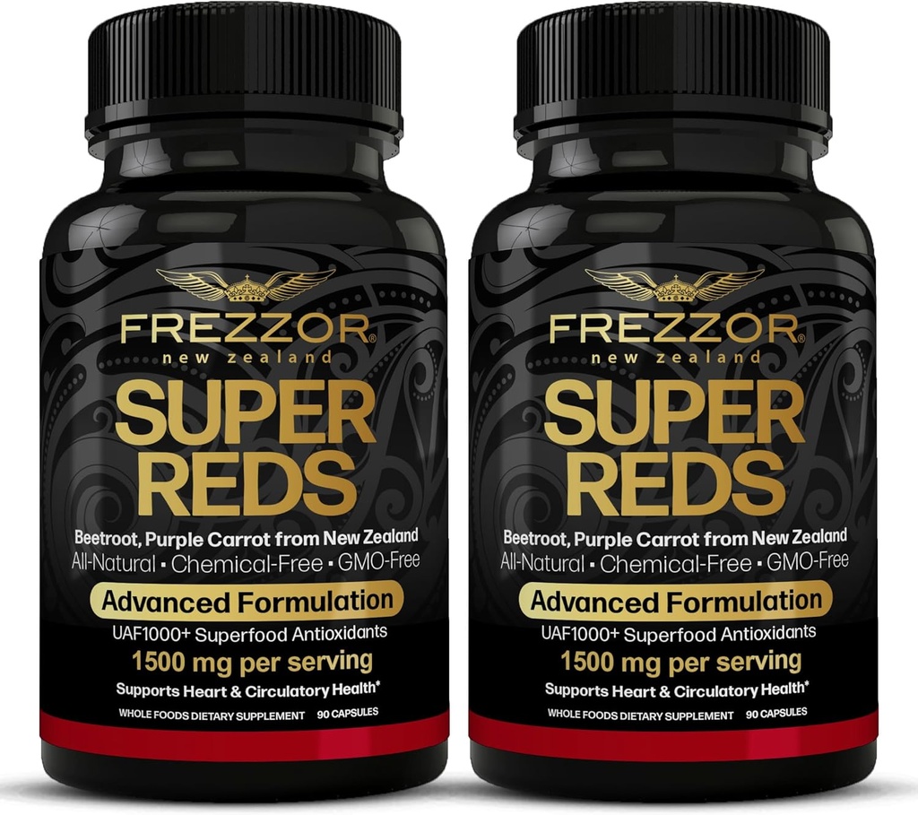 FREZZOR Super Reds Kapseln mit UAF1000+, All-Natural Neuseeland Red Superfood Energy, Essential Red Fruits Veggies & Beets, Antioxidantien, Enzyme, Energy Supplements, 180 Kapseln, 2 Flaschen