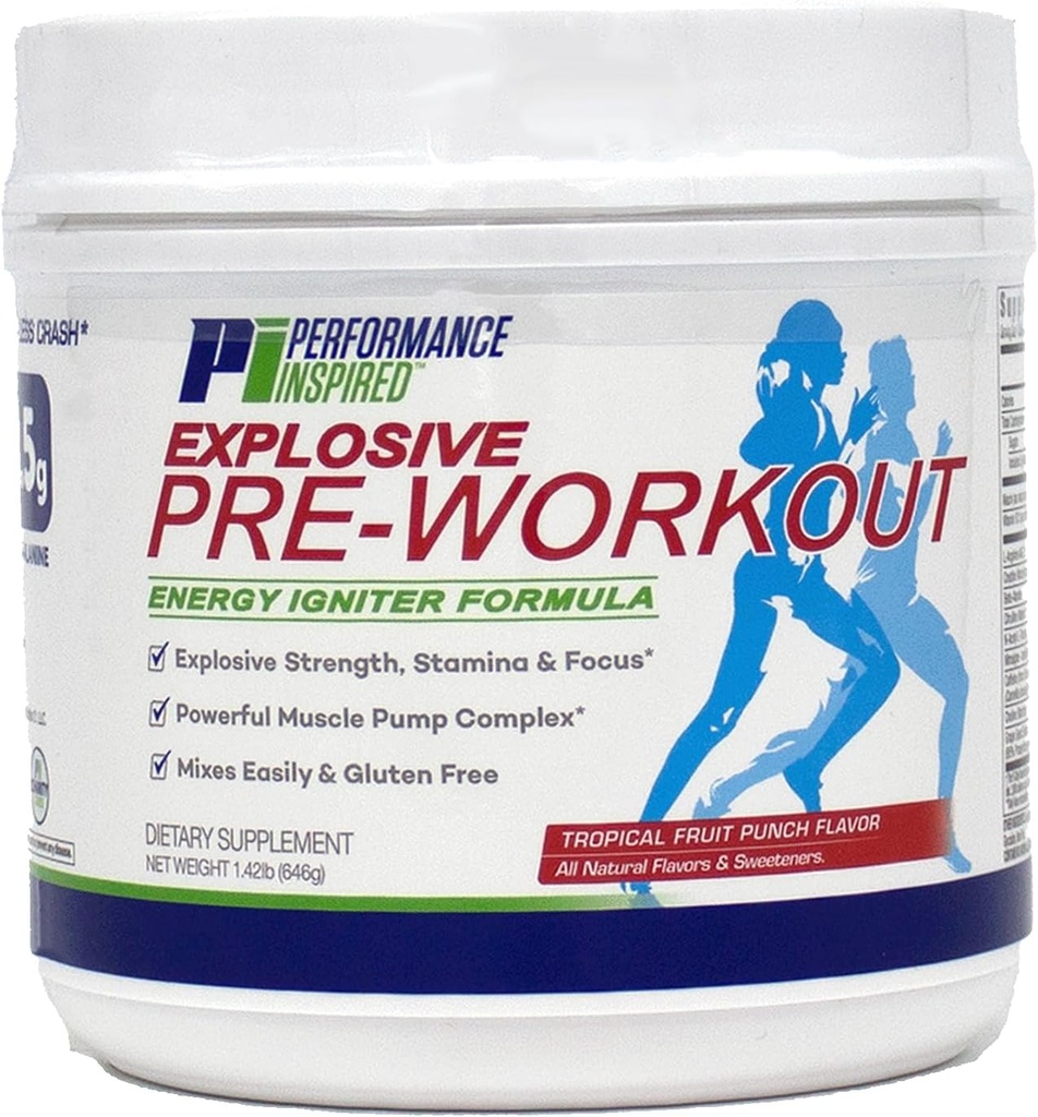 Performance Inspired Nutrition PreWorkout Powder - All Natural - G-Free & Vegan Formula - Enthält Citrulline - Nitrosigine - Grüner Tee - Arginin - Beta Alanine - Tropical Fruit Punch - 32 Portionen