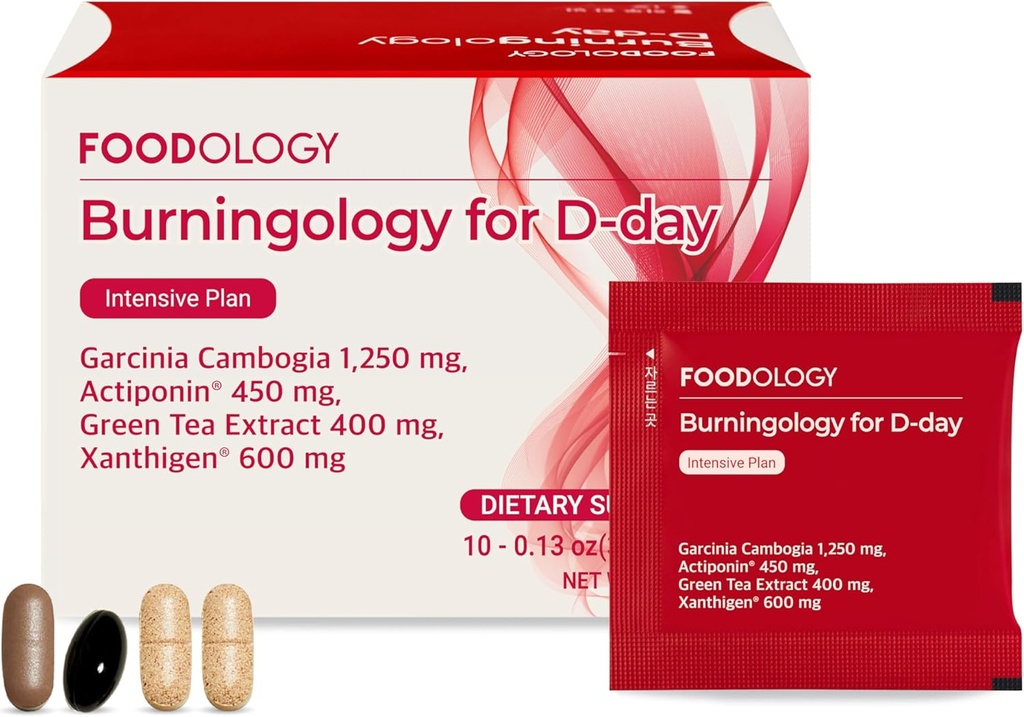 FoodOLOGY Burningology D-Day, Appetite Suppressant per le donne e gli uomini, Boost Mood, perdita di peso di sostegno e brucia le calorie, supplemento Garcinia Cambogia, Estratto di tè verde - 10 pacchetti