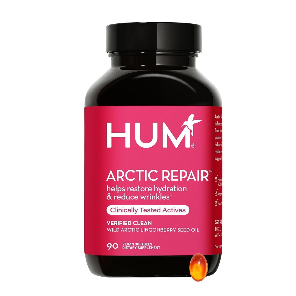 HUM Arctic Repair Clear Skin Supplement con Omega 3, Vitamina E, A e Olio di semi di Lingonberry, Riparazione della pelle con Omega 3 6 9 per aiutare il supporto Aspetto delle rughe & Hydrate, 90 Vegan Softgels