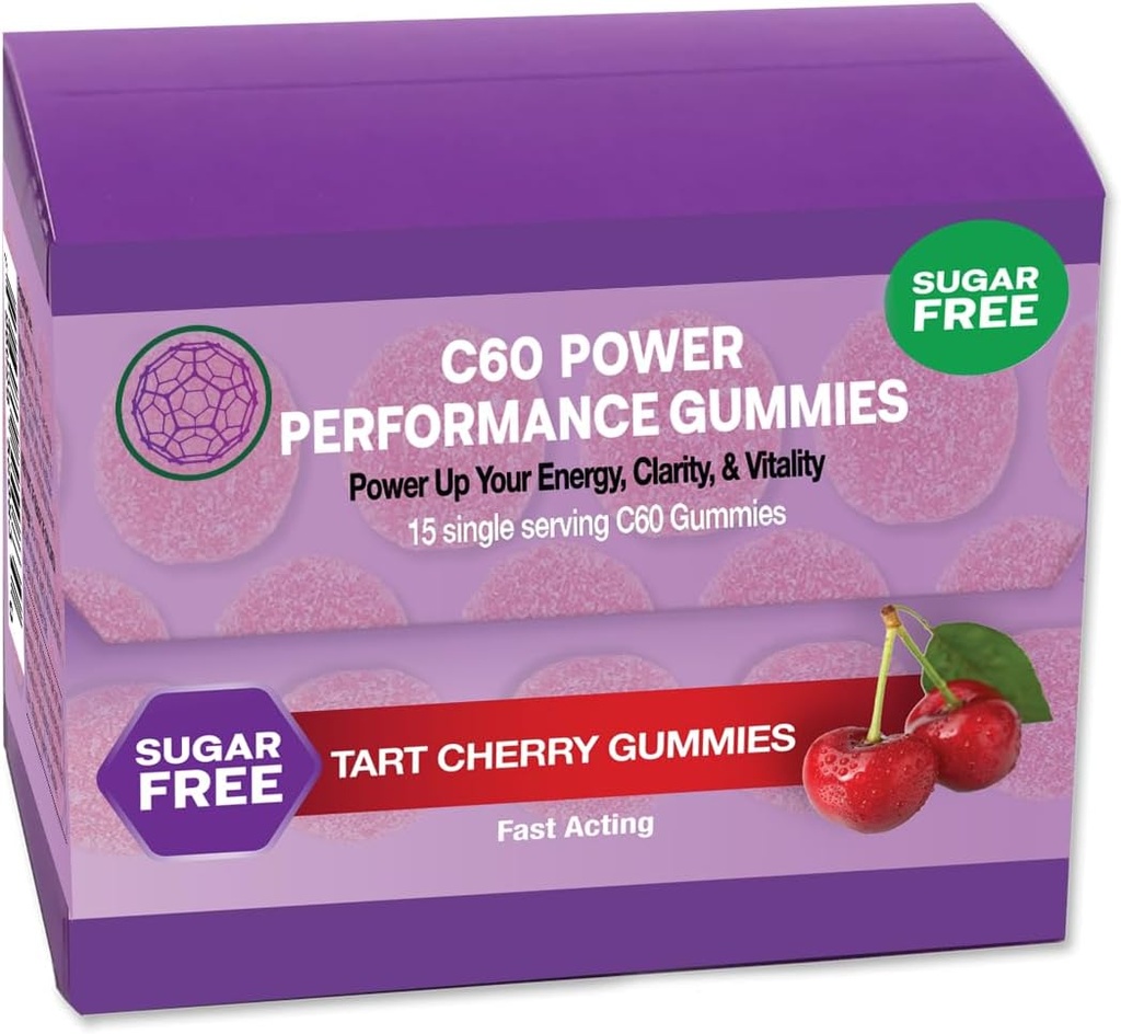 Gommies de puissance C60, 1 boîte de 15 portions Cerise à tart sans sucre - 99,99 % C60Fullérènes de carbone pures et sublimées et huile de coco biologique, fabriqués aux États-Unis, soutient l'énergie et la clarté mentale