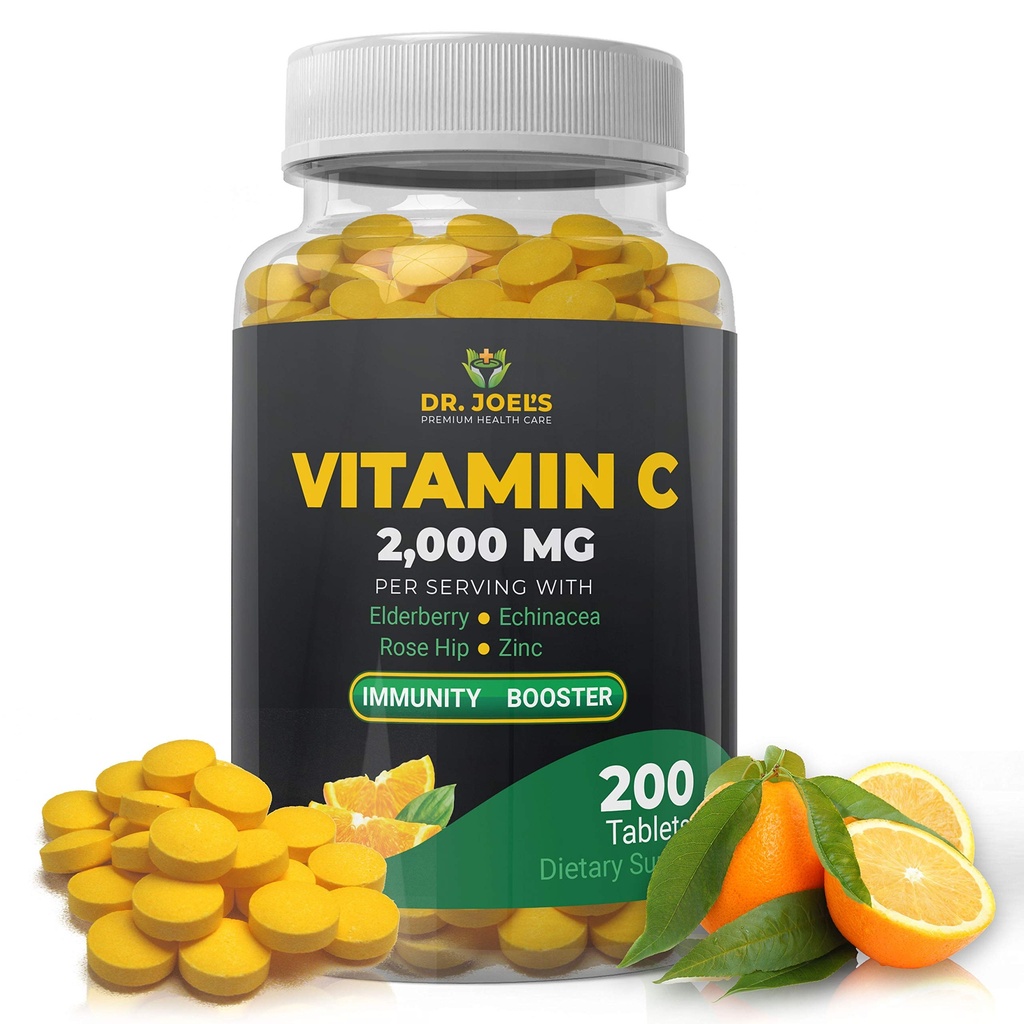 Dr. JOEL'S Immununterstützung Vitamin C 2000 mg - 200 Tabletten - mit Zink, Elderberry, Rose Hip, Echinacea - Boosts Immunsystem- Made in USA