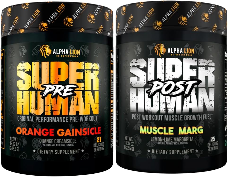 ALPHA LION Superhuman Pre Workout Powder & Post Workout Recovery Bundle, Sustain Energy & Focus + Lean Muscle Growth, Strength & Volume (Hulk Juice & Gainy Smith Apple)