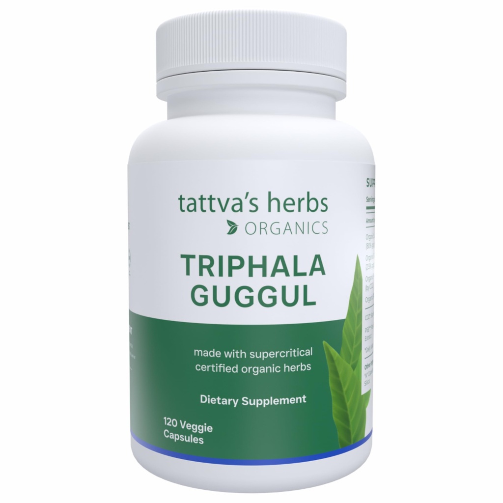 Tattva's Herbs Triphala Guggul complément à base de plantes, suppléments à base de plantes Ayurveda, santé et soutien digestifs, capsules de Triphala biologique, 120 comte, 25 ans de service Premium