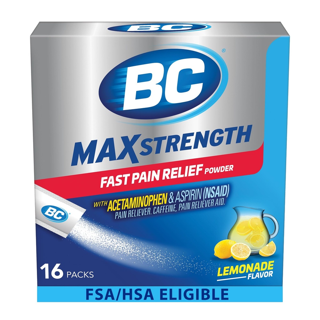 BC MAX Stärke Fast Pain Relief Pulver, Lemonade Flavor Aspirin 500mg und Acetaminophen 500mg Lösungspakete, 16 Zähler