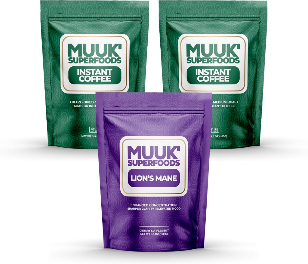 MUUK' SUPERFOODS | Mushroom Coffee Starter Kit Bundle | Organic Lion's Mane & Organic Instant Coffee | 60 Serve