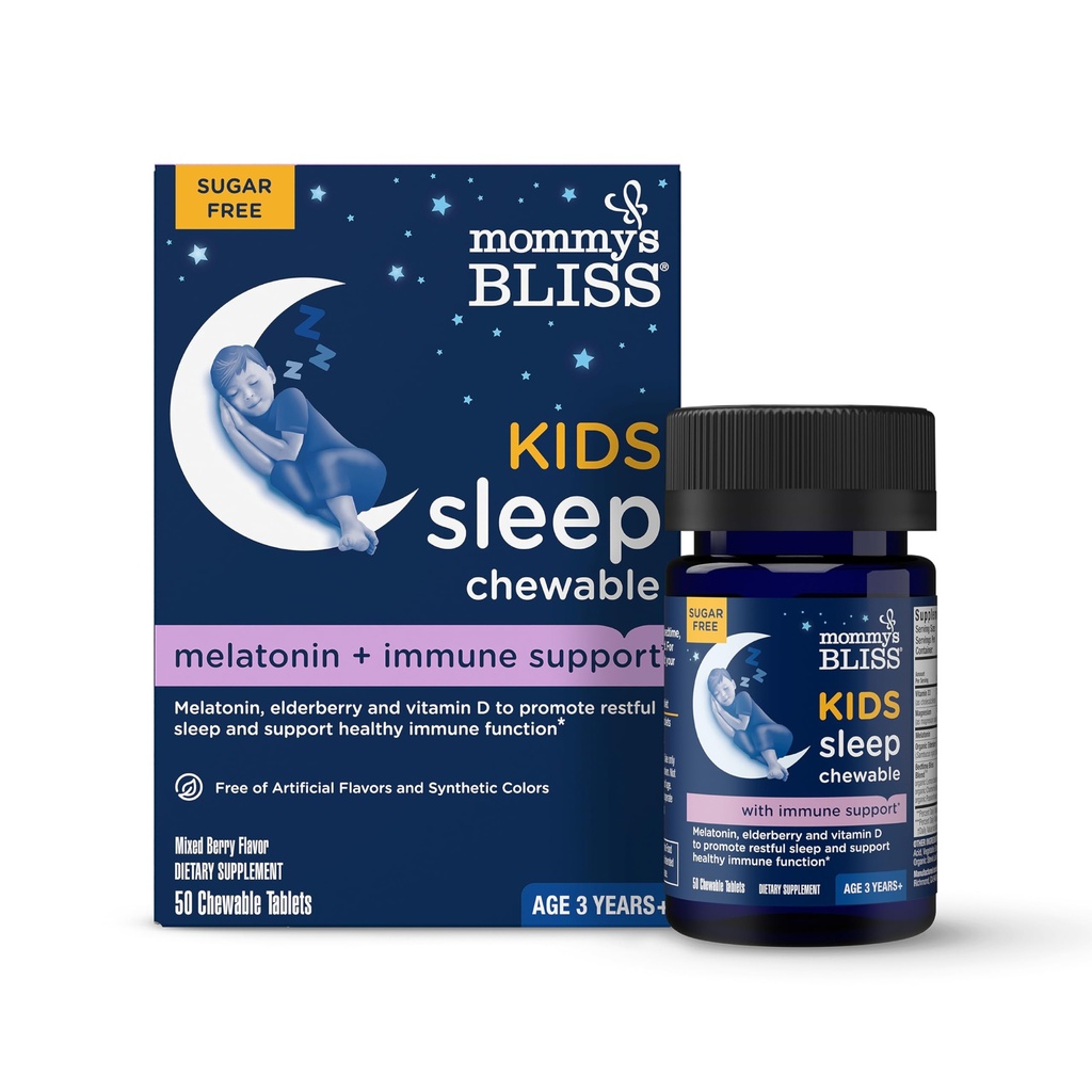 Bliss Kids Sleep + Immunity 1 mg Melatonin Chewable, Contiene Magnesio, Elderberry e Vitamina D, Sugar Free, 3 anni+, 1 bottiglia (50 compresse)