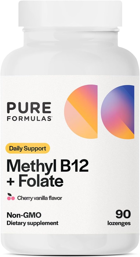 PureFormulas Methyl B12 + Folat-Ergänzung, 1.000 mcg Methylierte B12-Ergänzung, 665 mcg Folate, Kirsch Vanille-Flavor, Methyliertes Vitamin B 12 - Non-GMO, 90 Lozenges
