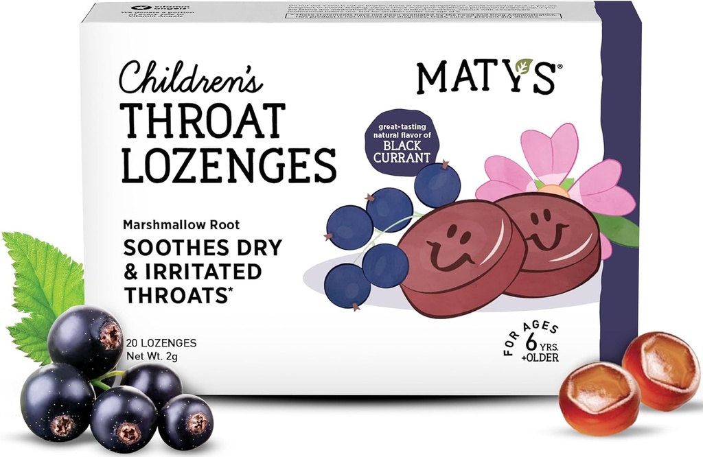 Matys Kids Throat Lozenges per età 6 anni vecchio +, gustoso Black Currant Flavor, Soothe Dry & Irritated Throats & Voices with Marshmallow Root, Sugar Free, Vegan, Dye Free, Alcohol Free, 20 conte