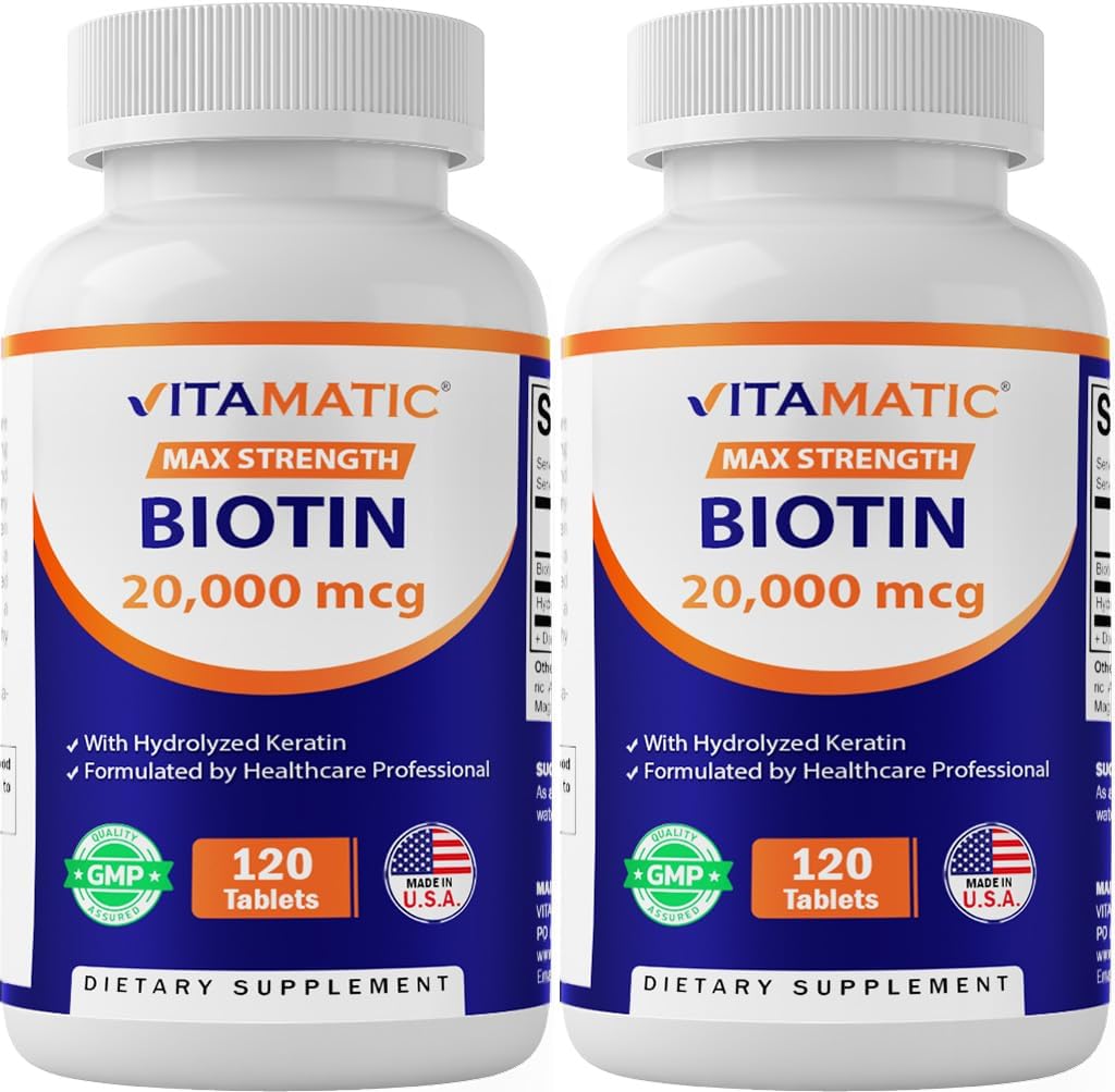 Vitamatic High Potency Biotin 20000 mcg (20mg) mit Keratin 100mg - 120 vegetarische Tablets - Biotin-Ergänzungen für gesünde Haarhaut & Nägel für Erwachsene (120 Count (Pack von 2))