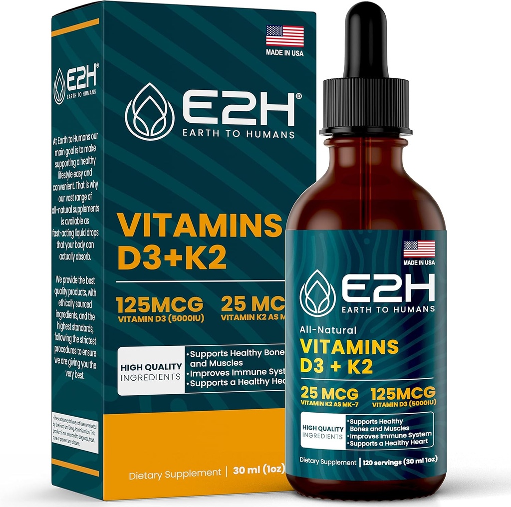 E2H Vitamine D3 & K2 Integratore per Supporto Immune - Vitamina Liquida D3 5000 IU - Made in the USA - Non OGM, Vegan - 120 Serve