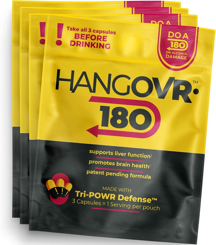 Hangovr 180 Tri-Power Before Brinking Defense 4 Pack - Soutien foie et cerveau santé, se sentir plus frais et meilleure énergie - - Prendre avant de boire pour soulager, 3 capsules par poche