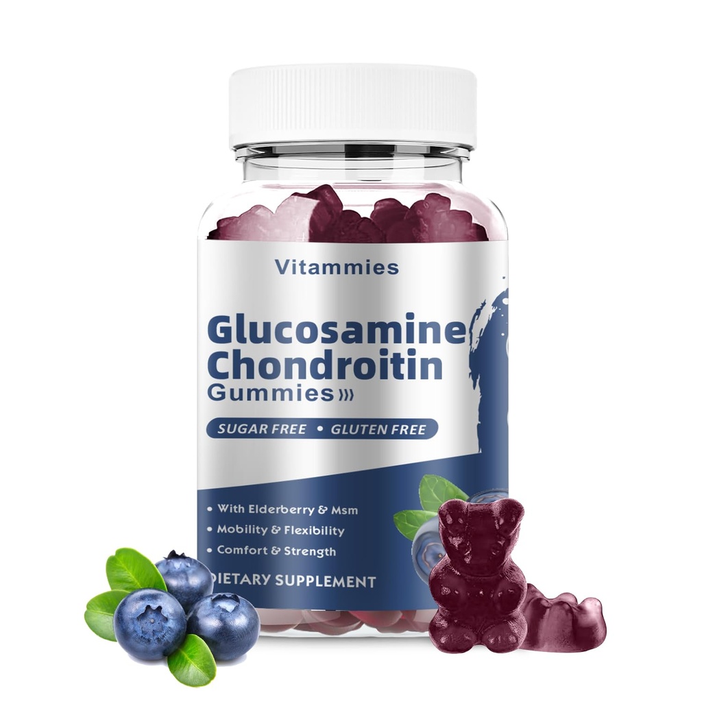Glucosamina Chondroitin Gummies con MSM & Elderberry Extra Strength - Supporto congiunto, Antiossidante Supporto Immune Supplemento per Adulti, Men & Donne Minerali, coenzima Q10, DHA- 60 Mirtilli Gummies