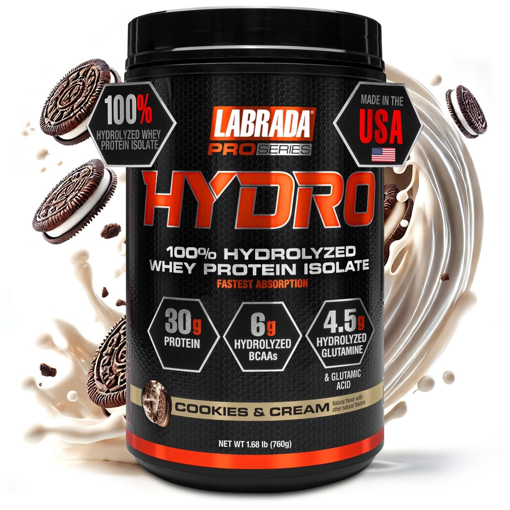 Labrada Hydro 100% puro idrolizzato Whey Protein Isolate Powder, Lactose free, 6g BCAA, 4.5g Glutamina, Whey digerente più veloce disponibile, miscela istantanea, gusto delizioso 20 Servings (Cookies & Cream)