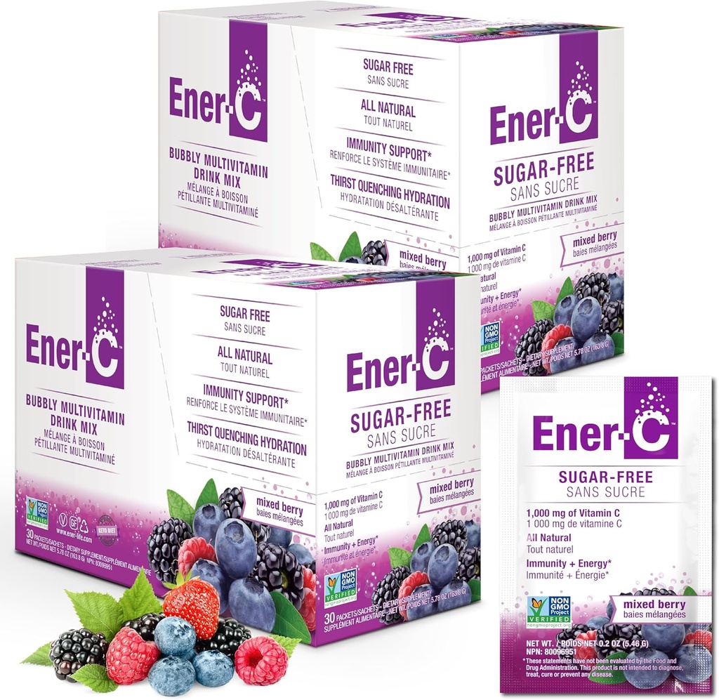 Ener-C Sugar Free Multivitamin Drink Mix - Vitamin Pulver für Wasser, Elektrolyte Pulver Kein Zucker, Hydration Boost Packets, Zero Sugar, Vitamin C & B12 Supplement Liquid Mix - Mixed Berry, 60 Count
