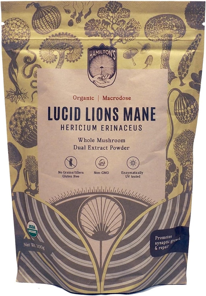 Hamiltons Lucid Lion’s Mane | Organic Mushroom Extract Powder for Synapse Repair, Nerve Growth Factor, Focus, Memory und Concentration | High Potency | 30% Beta Glucans | GF, Non-GMO, Vegan (200g)