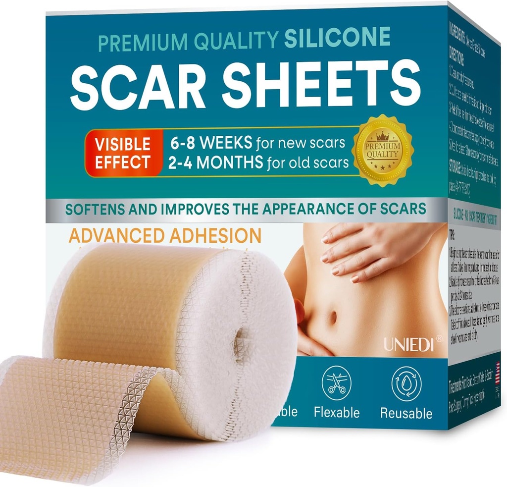 Feuilles de cicatrices en silicone, ruban de cicatrices en silicone (1.6"x 120" Roll-300CM), ruban de silicone pour cicatrices, ruban de cicatrices pour cicatrices chirurgicales, bandes de cicatrices en silicone pour la section C, tummy tuck, kéloïde et cicatrices chirurgicales