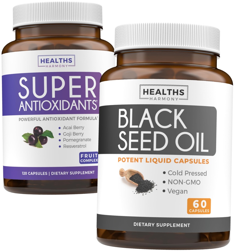 Antiossidanti e olio di semi nero (1-Month) Super Antiossidante supplemento con Acai Berry, Goji Berry, Pomegranate & Trans Resveratrol (120 capsule) & Olio di semi neri (non OGM & Vegan) 60 capsule
