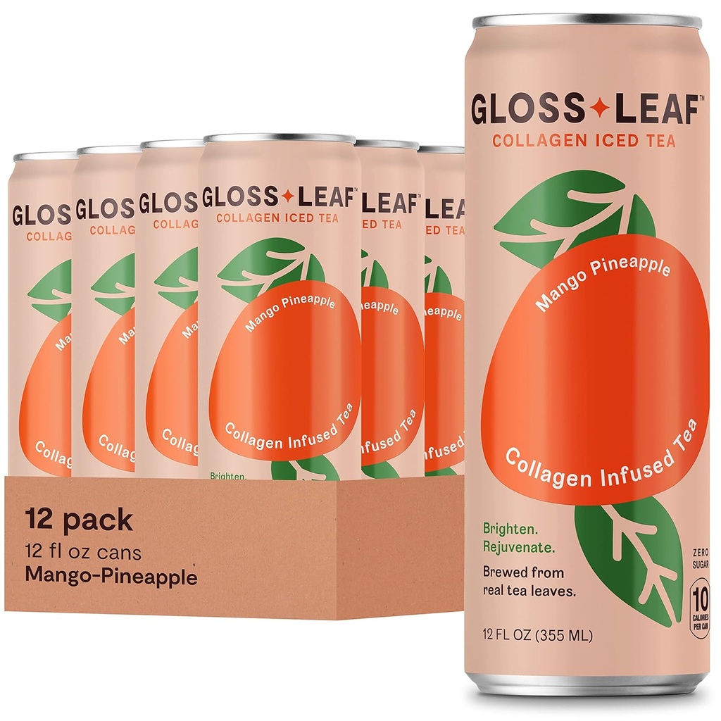 Gloss Leaf Collagen Iced Tea (Zero-Sugar, Mango-Pineapple): Insalata di tè nero con collagene Peptides Protein & Vitamina C, Beauty & Anti-Aging, 12 Fl Oz, 12 Pack