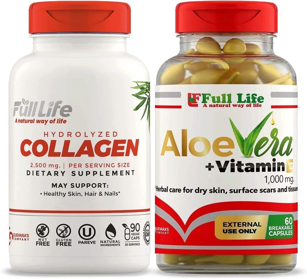 Integratore di collagene idrolizzato a vita intera - Pillole di collagene bovino 90 capsule e Aloe Vera con capsule di vitamina E per la pelle - idratante facciale idratante - 60 capsule Breakable
