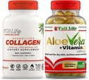 Integratore di collagene idrolizzato a vita intera - Pillole di collagene bovino 90 capsule e Aloe Vera con capsule di vitamina E per la pelle - idratante facciale idratante - 60 capsule Breakable