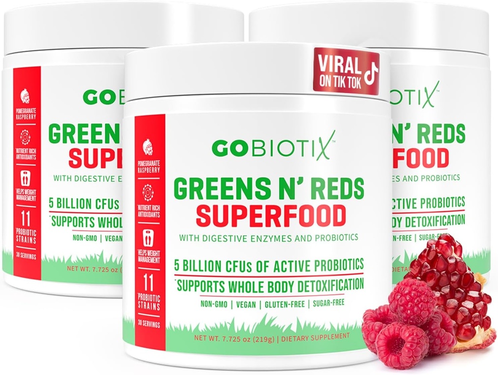 GOBIOTIX Super Greens and Reds Powder - Rote und grüne Superfood - Probiotische Ergänzung - Verdauungsenzyme und Rübenwurzelpulver - Bio Vollnahrung Nahrungsergänzungsmittel (Pom Raspberry, 3 Pack)