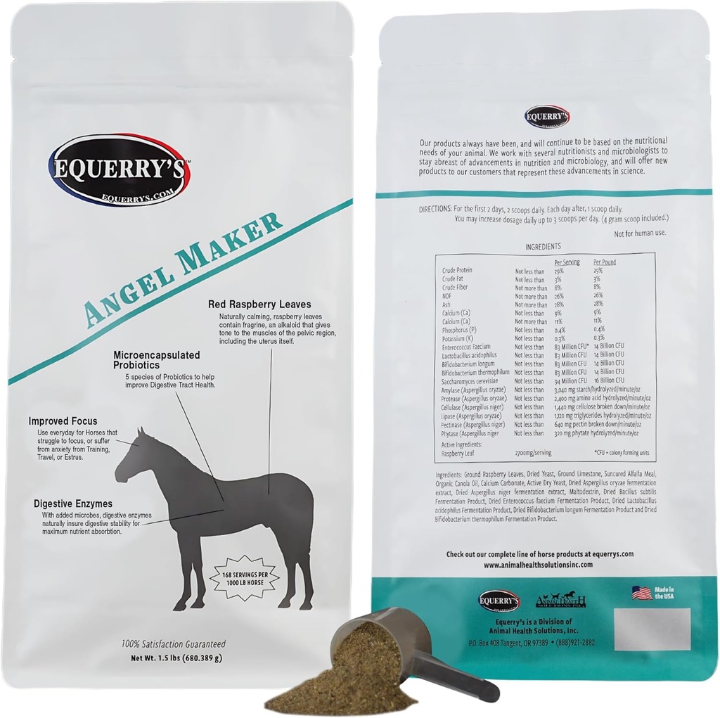 Angel Maker di Equerry, Foglia di lampone, Integratore di Probiotici Microincapsulato per il Trattamento di Ulcer di Cavallo & Digestive Health Calmness & Focus, 1.5lb.