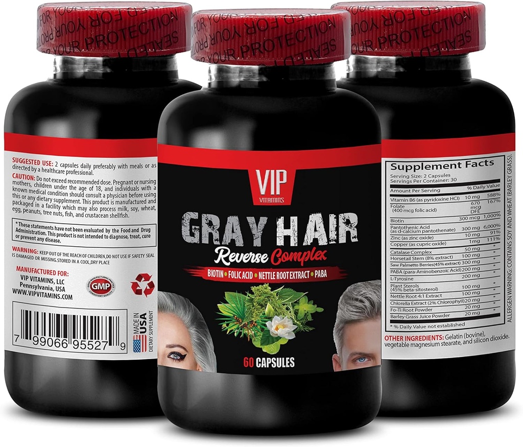 Haarausfall für Männer - Graues Haar Reverse Complex - Natürliche Lösung - Leistungsstarke Ergebnisse, Zink Haar Vitamine, Biotin-Ergänzung, Paba, Biotin-Ergänzungen für Haar und Nägel, Graues Haar Vitamine, 1B 60 Caps