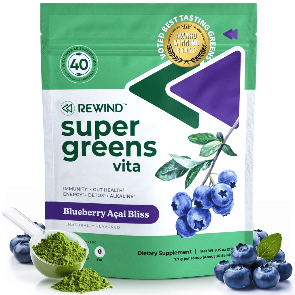 Best Tasting Super Greens Powder mit 40+ Superfoods – Delicious Daily Green Powder mit Vitamin B12, Zink, Vitamin C, Magnesium & Calcium – Green Juice Superfood Mix - Blueberry Acai Flavor