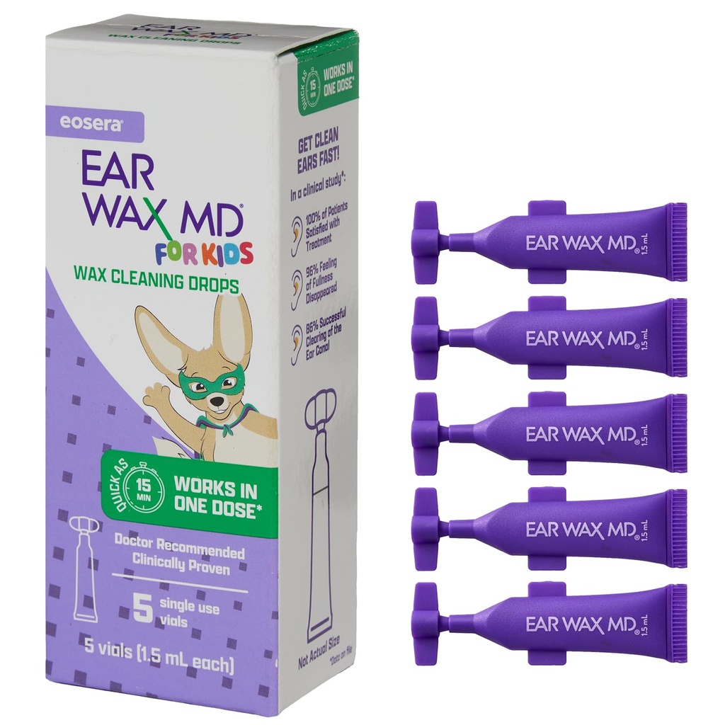 eosera® Ear Wax MD® für Kinder - Wax Reinigungstropfen, 5pk Vials | Fast-Acting | Breaks Down & Dissolves Ear Wax in as Little as 1 Treatment | Clinical Proven | Gentle & Safe I for Kids Age 2+