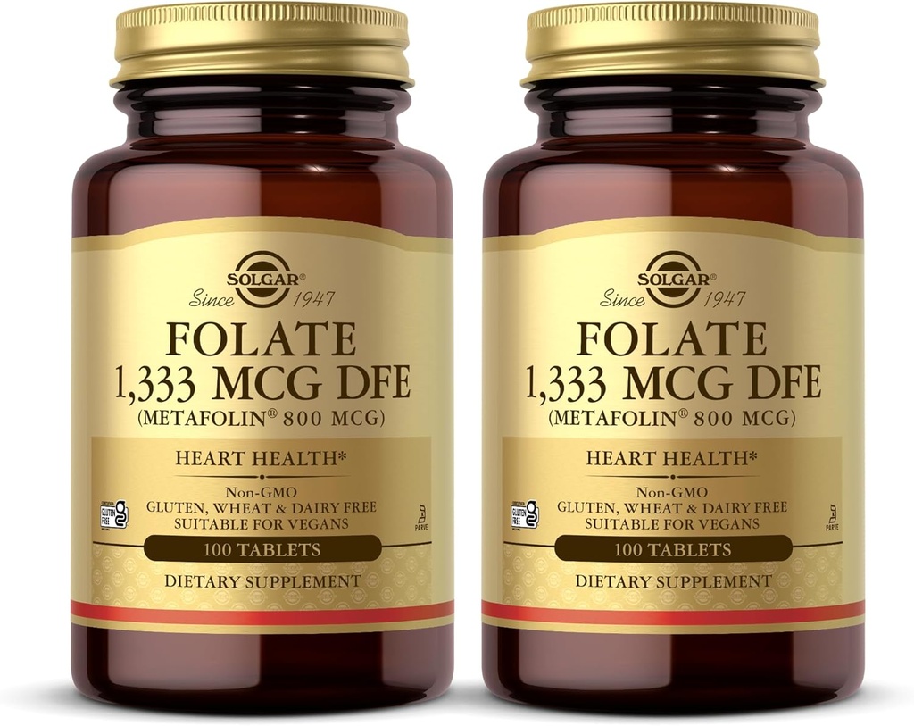 Solgar Folate 1,333 mcg DFE (Métafolin 800 mcg) - 100 comprimés, boîte de 2 - Vitamine prénatale - Non-OGM, sans gluten, sans produits laitiers, sans casher - 200 portions totales