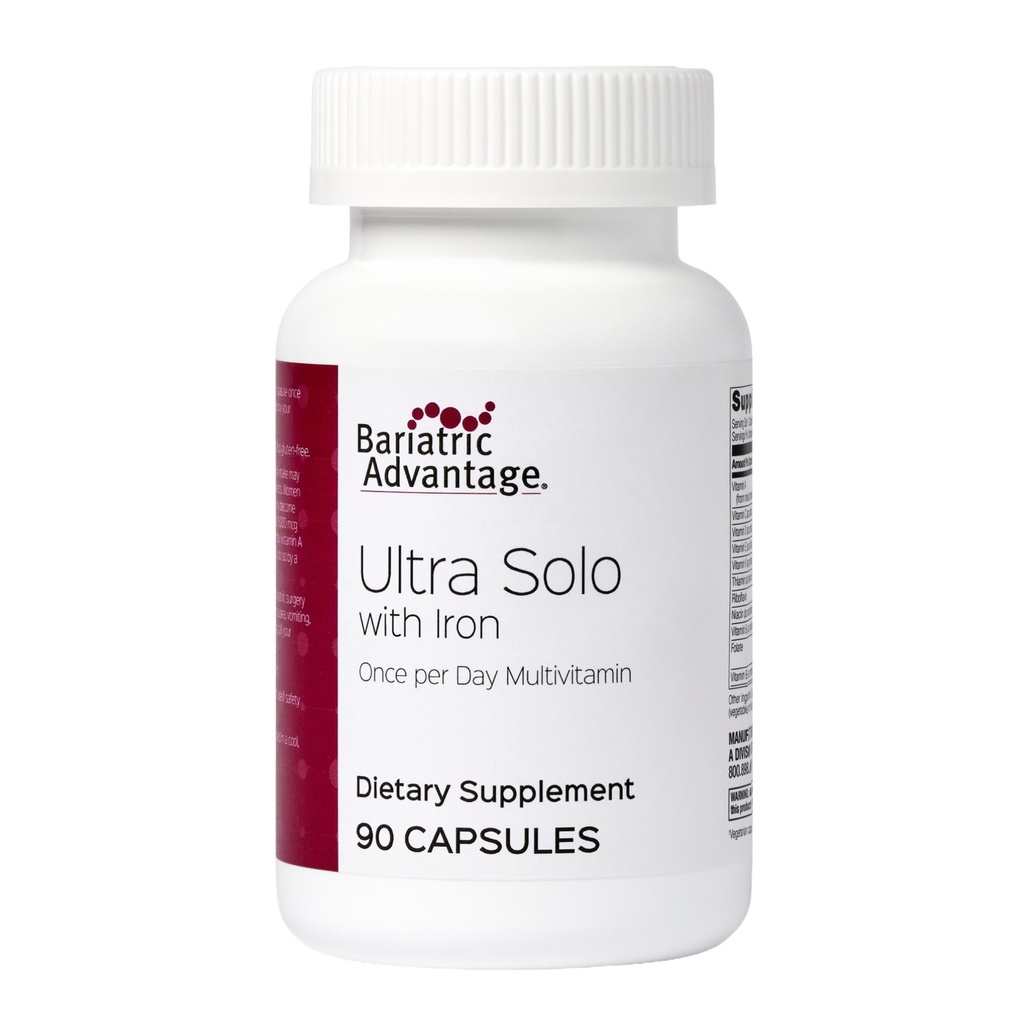 Avantage bariatrique Ultra Solo avec fer - Multivitamine quotidienne une fois par jour - pour les patients bariatriques - avec Thiamine, vitamine A et plus - Sans gluten - 90 capsules