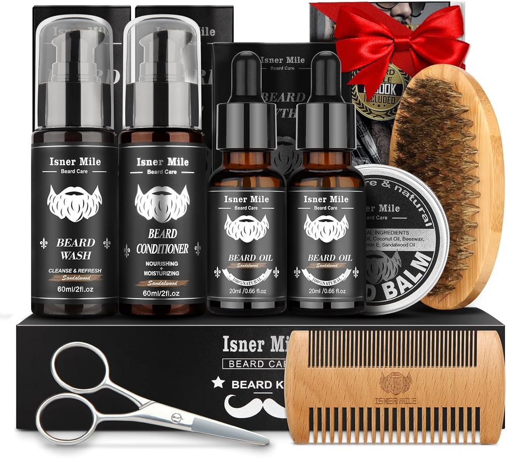Kit per Cuscinetto per Uomo Grooming & Care: con 2 Pack Beard Oils e Balm - Lavaggio e Condizionatore per Lozioni Dopo Shave Sandalwood, Spazzole e Pettine con Forbici, San Valentino Pad Regali per Papà/Men/Him
