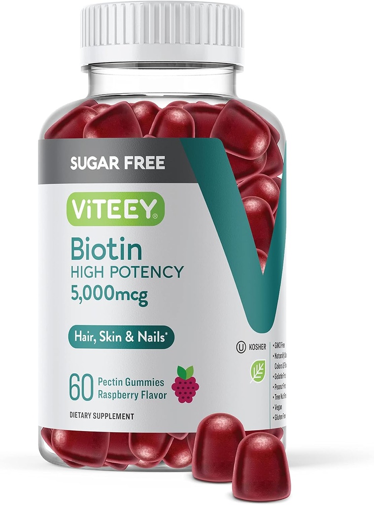 VITEEY Biotin Gummis für Haar, Haut und Nägel 5.000mcg - Sugar Free - Haarwachstum Gummis, Gesunde Haut Glow, Strong Gesunde Nagelwachstum - Vegan, Glutenfrei, Gelatin Free- Chewable Raspberry Flavor