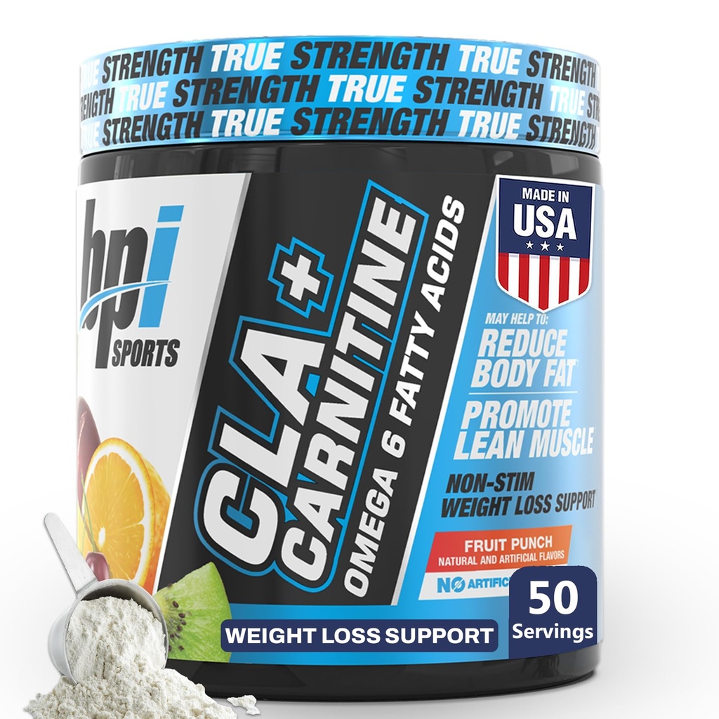 BPI Sports CLA+Carnitin – CLA L Carnitin & Linoleic Acid – L Carnitin Ergänzung für Gewichtsverlust, Stoffwechsel & Lean Muskel – Koffeinfrei – Frucht-Punch – 50 Portionen – 12.34 Unze