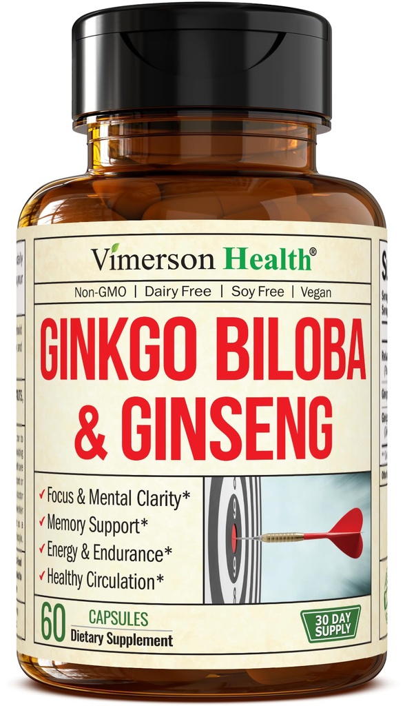 Ginseng asiatico e Ginkgo Biloba Integratori – Panax Ginseng Extract 700mg + Ginko Biloba 720mg – Nootropic Brain Supplement per Memoria, Focus & Sustain Energy – 60 Easy-to-Swallow Capsule