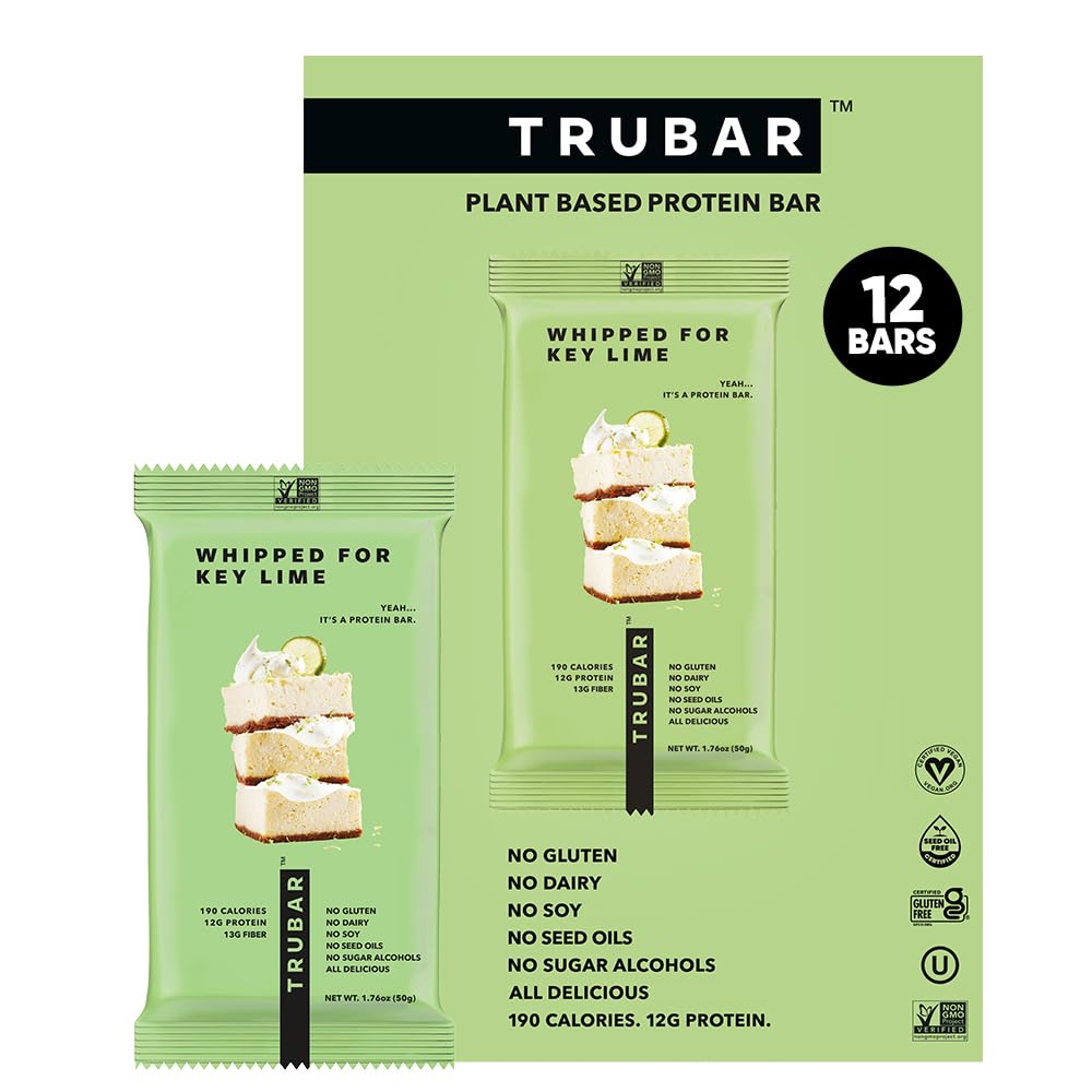 TRUBAR Vegan Protein Bar, Whipped for Key Lime, Gluten Free, Plant Based, High Fiber, Dairy Free, Low Fat, Non OGM, No Sugar Alcohols, 12G Lean Protein, 13G Fiber, Healthy Snack Bar, 12 CT