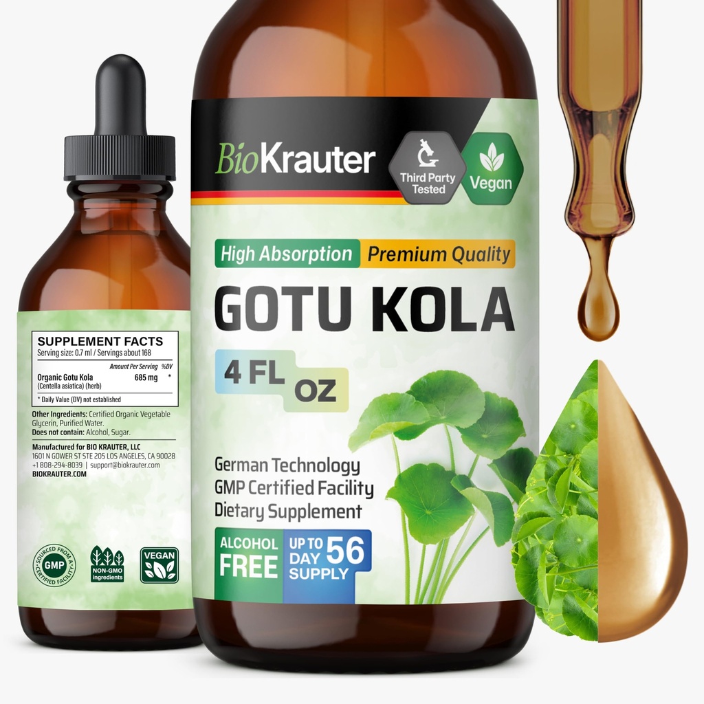BIO KRAUTER Gotu Kola Tection - Centella Asiatica Extrait - sans alcool et sans sucre Gotu Kola Extrait - Vegan gouttes 4 Fl.Oz.