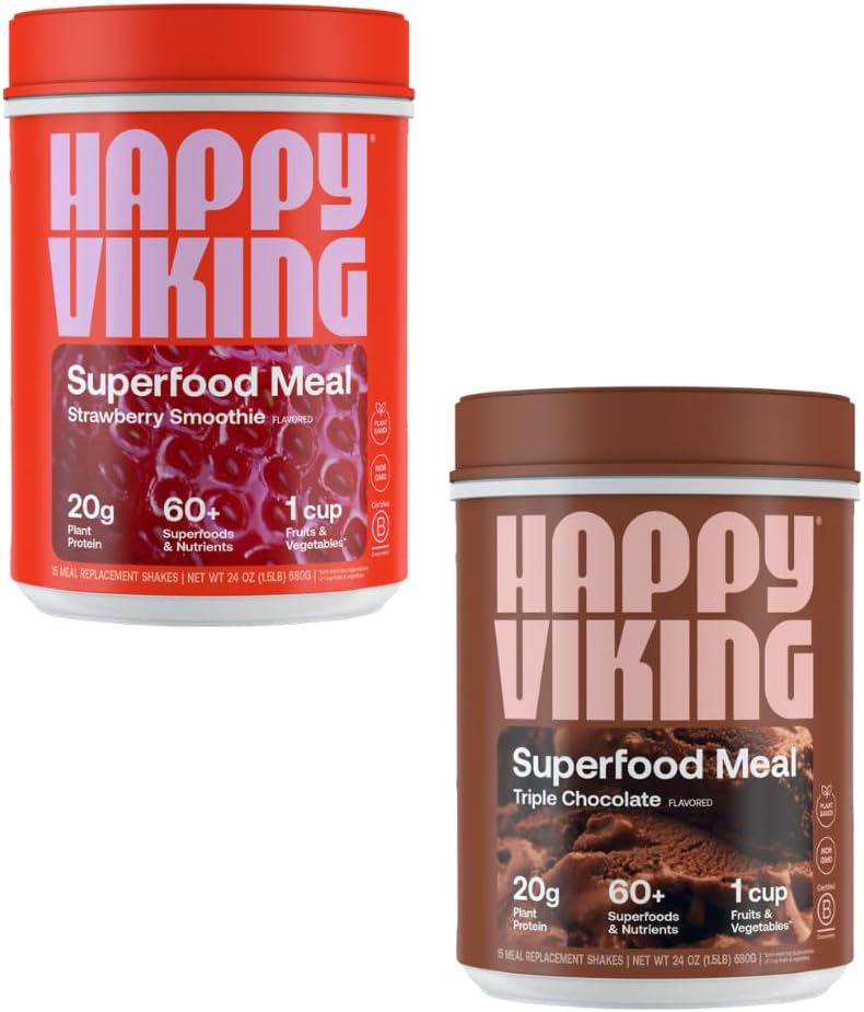 Happy Viking Chocolate and Strawberry Powder, by Venus Williams, 20G Protein, Low Carb, Keto, Vegan, Gluten-Free, Superfoods, Complete Meal Replacement, 2 Kanister (24 oz. Jede