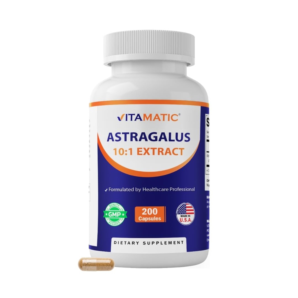 Vitamatic Astragalus Capsule 200 Veg Capsule - 10:1 Astragalus Extract 500mg - Non OGM, Senza glutine