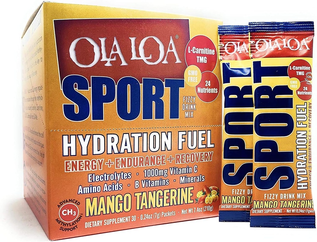 Ola Loa Sport Mango Tangerine All-Natural Hydrating Sports Drink Mix - Energie, Aminosäuren, Elektrolyte, Vitamin C, Vitamin B, Glutenfrei, Vegan - Trinken Sie Ihre Vitamine - 30 Pakete (7.4oz)
