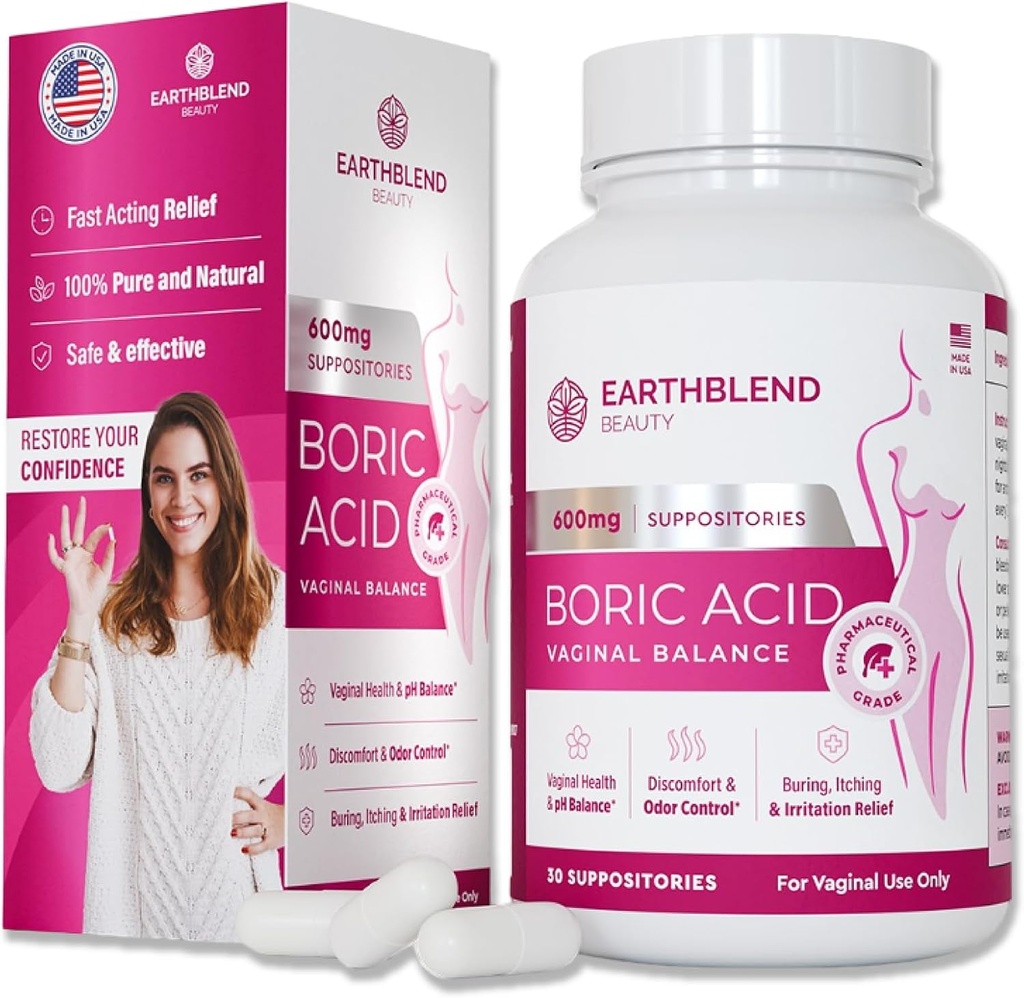 Suppositoires d'acide borique pour les femmes - Pilules vaginales - Promotion de l'équilibre du pH vaginal, Flore saine, Contrôle de l'odeur – Fabriqué aux États-Unis - 600mg, 30 Compte