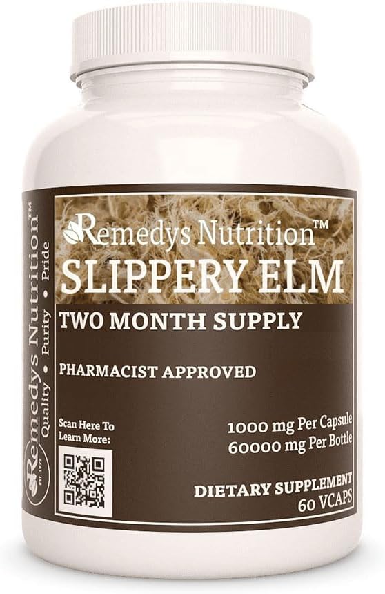 Nutrizione di Remedy Slippery Elm Bark | 1.000 mg, 60 Vegan Capsules Integratore alimentare di erbe | Fornitura di due mesi