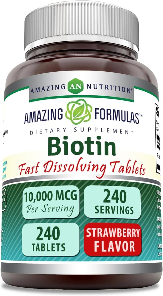 Erstaunliche Formeln Biotin 10.000 Mcg | Fast Dissolve Tabletten | Non-GMO | Gluten Free Supplement | Made in USA (Strawberry | 240 Count)